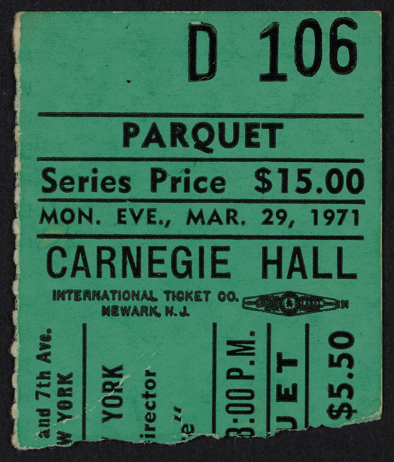 Ticket for Handel Society of New York, March 29, 1971 (front)