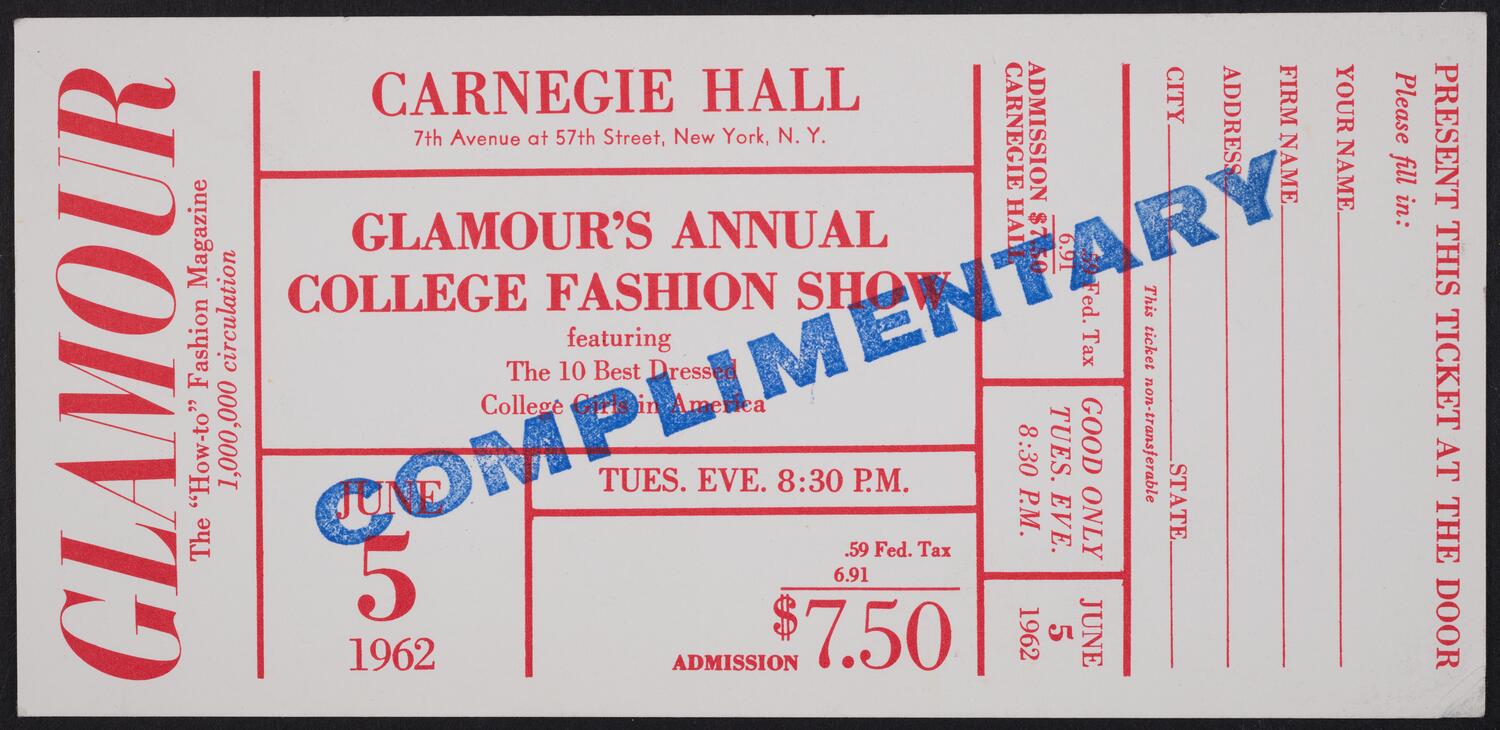 Ticket for Glamour's Annual College Fashion Show, June 5, 1962 (front)