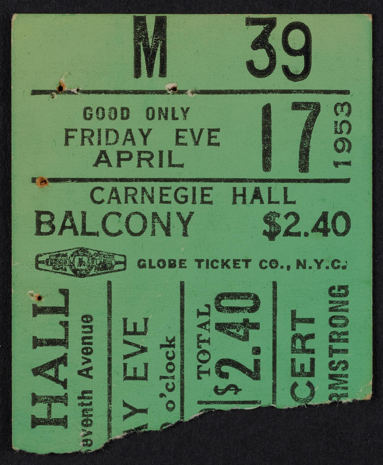 Ticket for Jazz Concert by Benny Goodman and Louis Armstrong, April 17, 1953 (front)