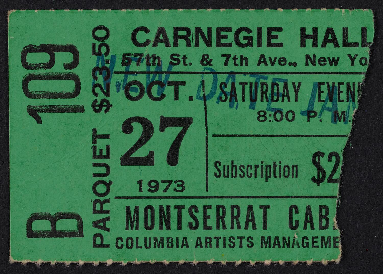 Ticket for Montserrat Caballé, October 27, 1973 (front)