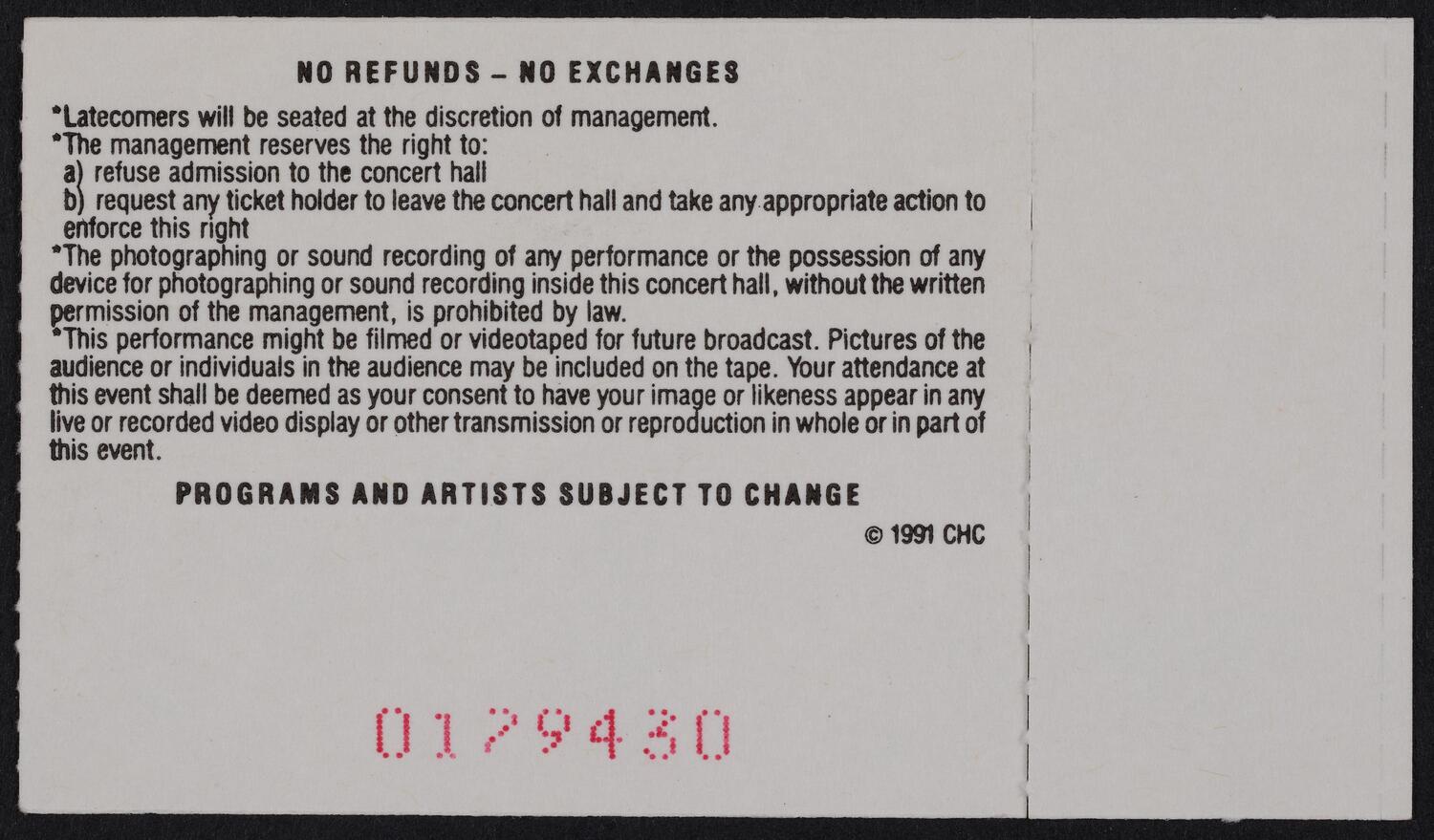 Ticket for Sondheim: A Celebration at Carnegie Hall, June 10, 1992 (back)