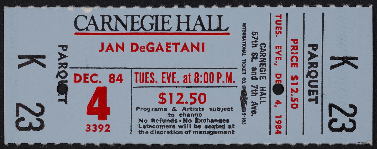 Ticket for Jan De Gaetani, December 4, 1984 (front)