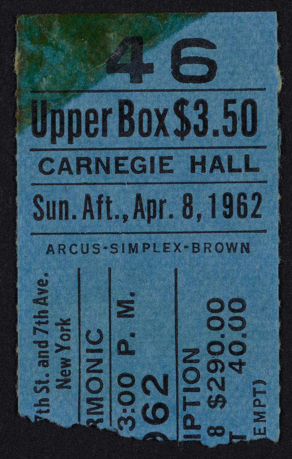 Ticket for New York Philharmonic, April 8, 1962 (front)