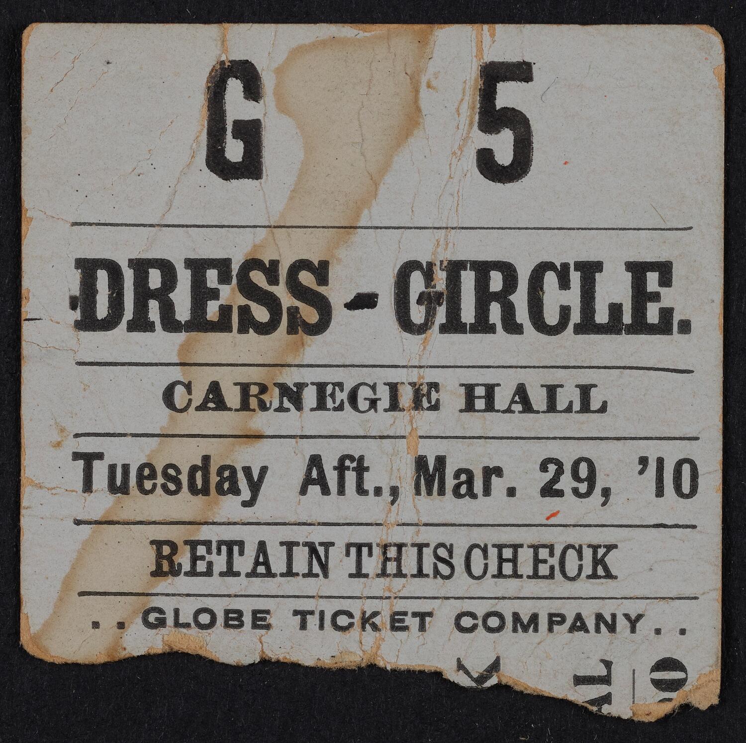 Ticket for Dwight L. Elmendorf, March 29, 1910 (front)