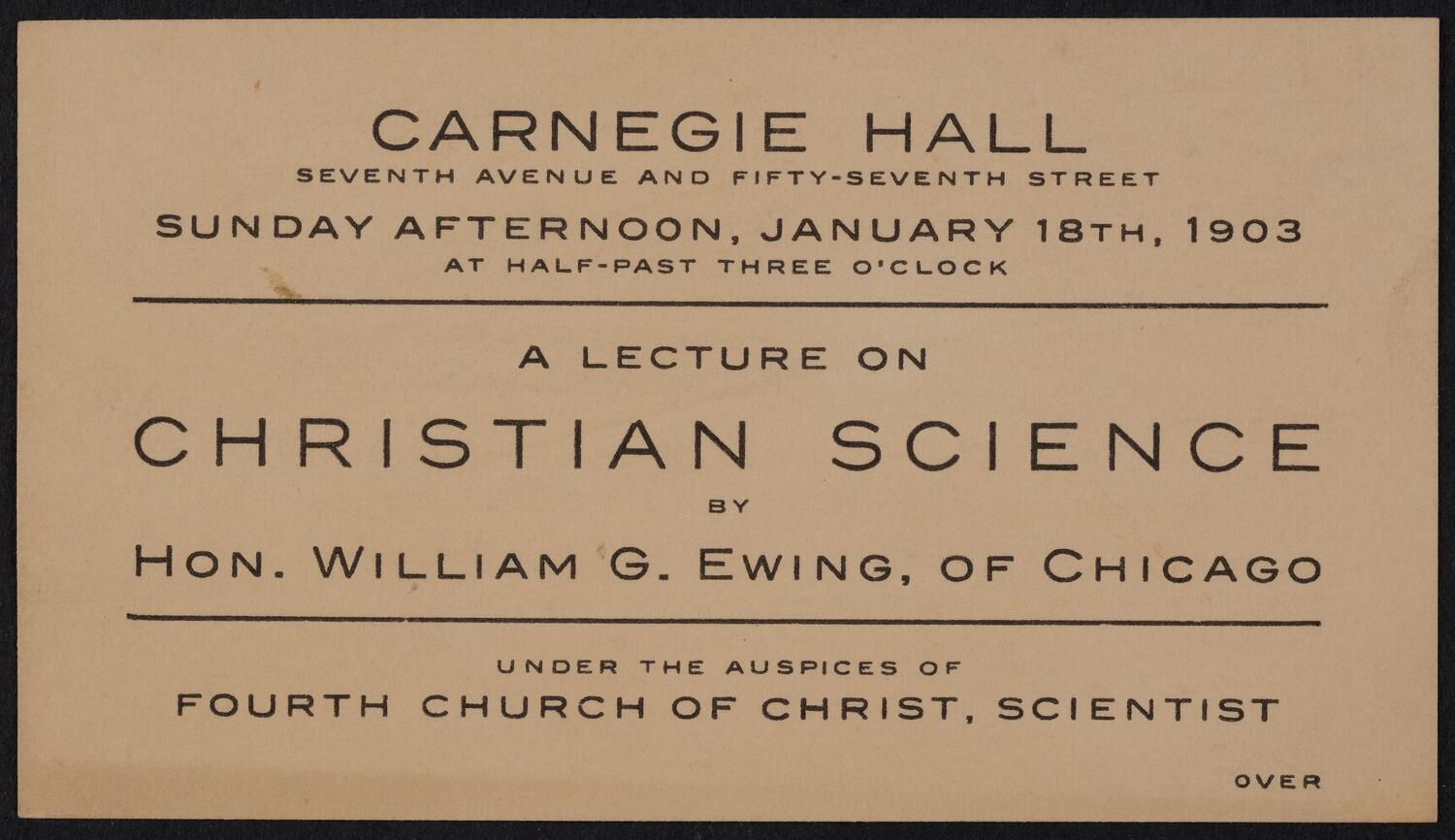 Ticket for a Lecture on Christian Science by Hon. William G. Ewing, January 18, 1903 (back)