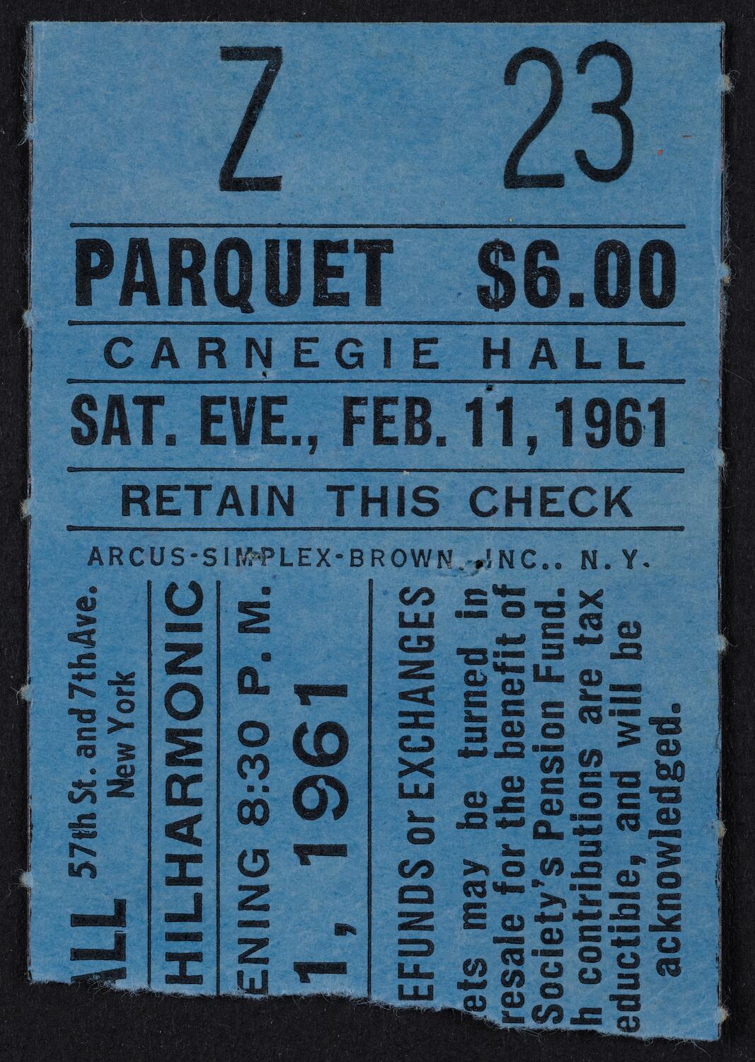 Ticket for New York Philharmonic, February 11, 1961 (front)