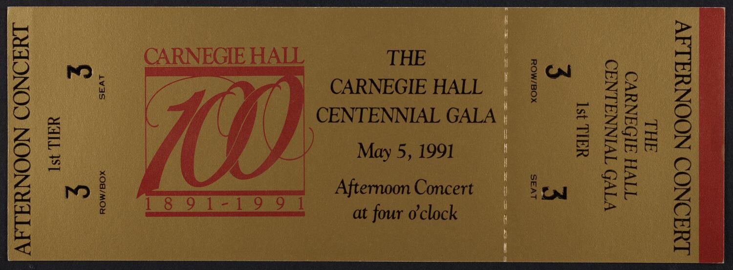 Ticket for the Carnegie Hall Centennial Gala, May 5, 1991 (front)