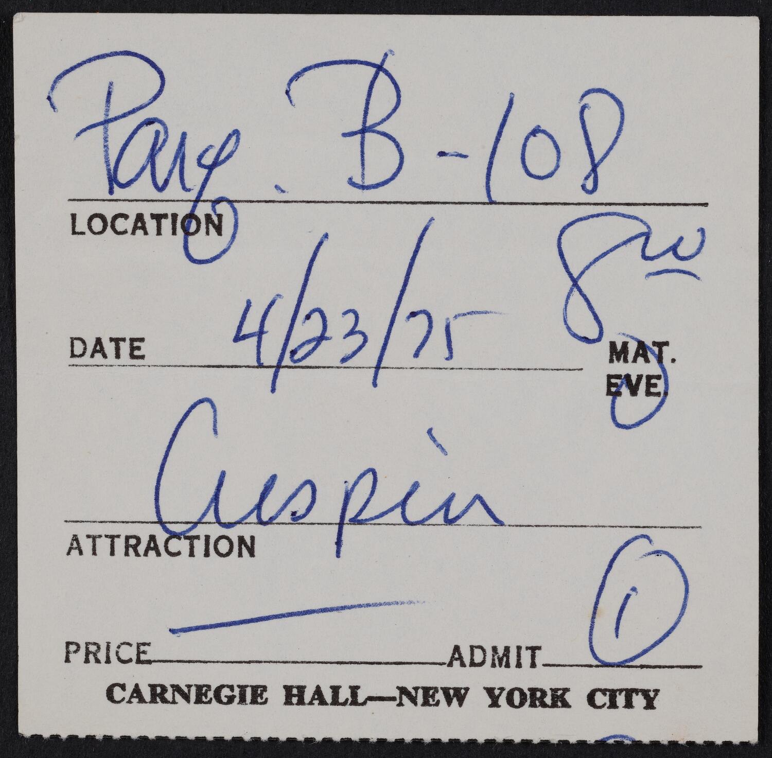 Ticket for Regine Crespin, April 23, 1975 (front)