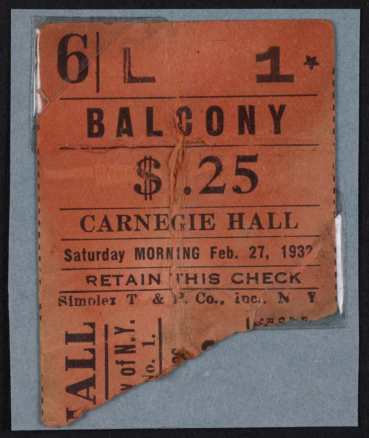 Ticket for New York Philharmonic Young People's Concert, February 27, 1932 (front)