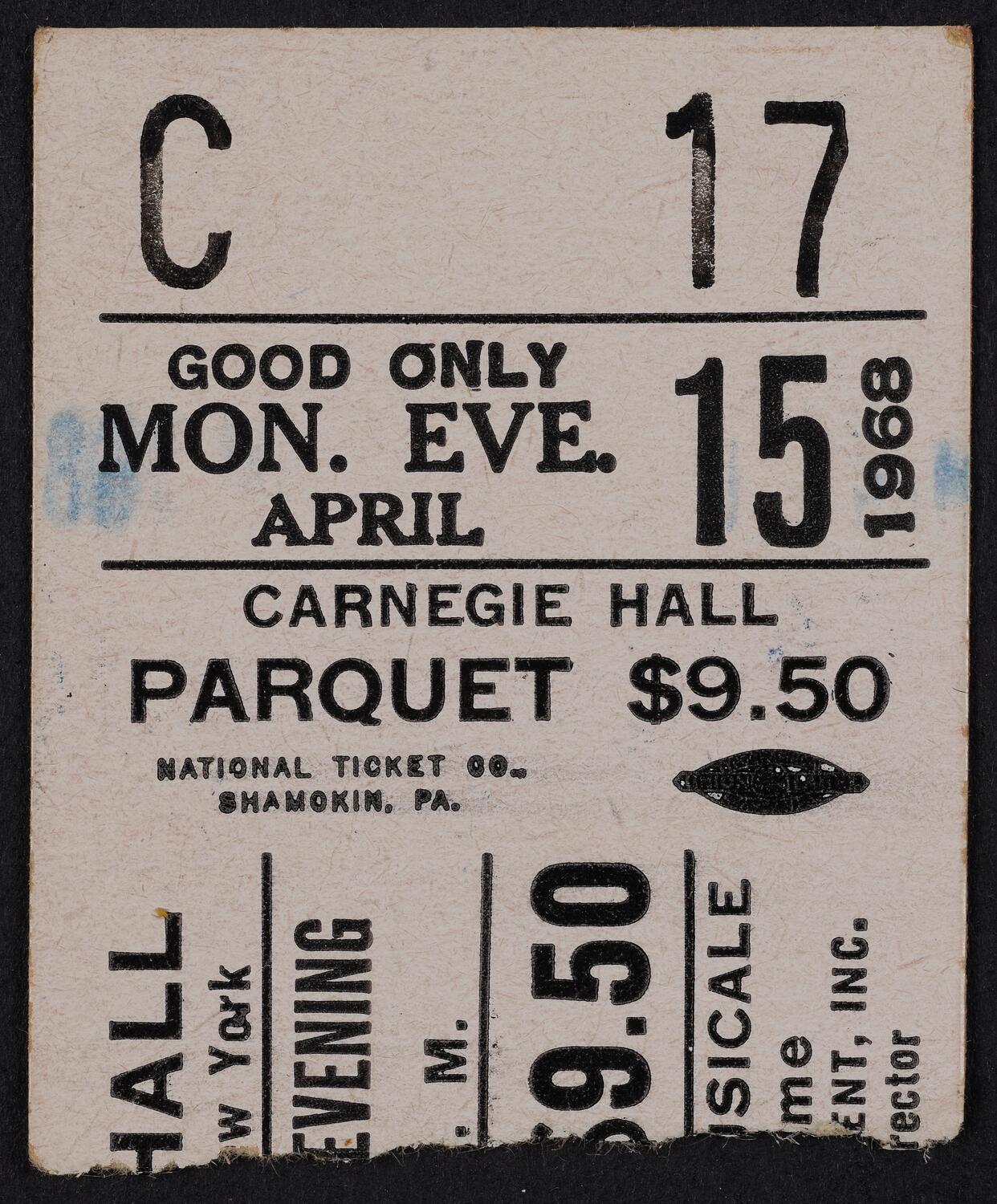 Ticket for Piccolo Teatro Musicale of the City of Rome, April 15, 1968 (front)