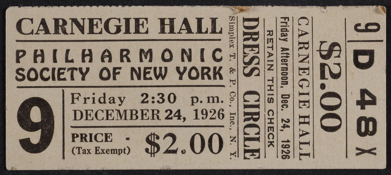 Ticket for Philharmonic Society of New York, December 24, 1926 (front)