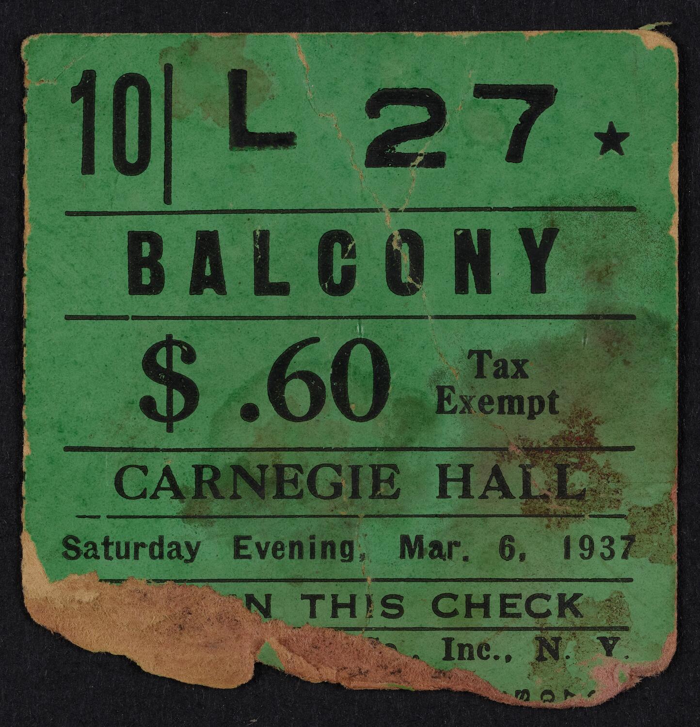 Ticket for Philharmonic Symphony Society of New York: Students' Concert, March 6, 1937 (front)