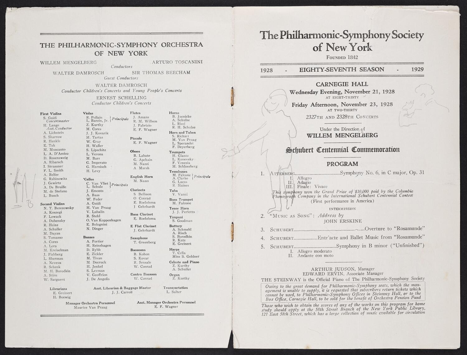 Sketches on concert program pages of Willem Mengelberg