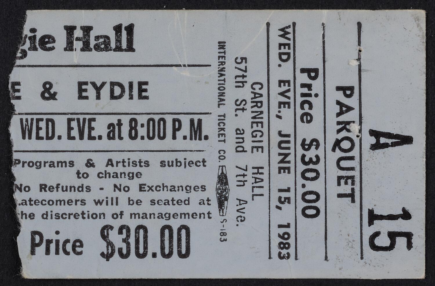 Ticket for Steve & Eydie, June 15, 1983 (front)