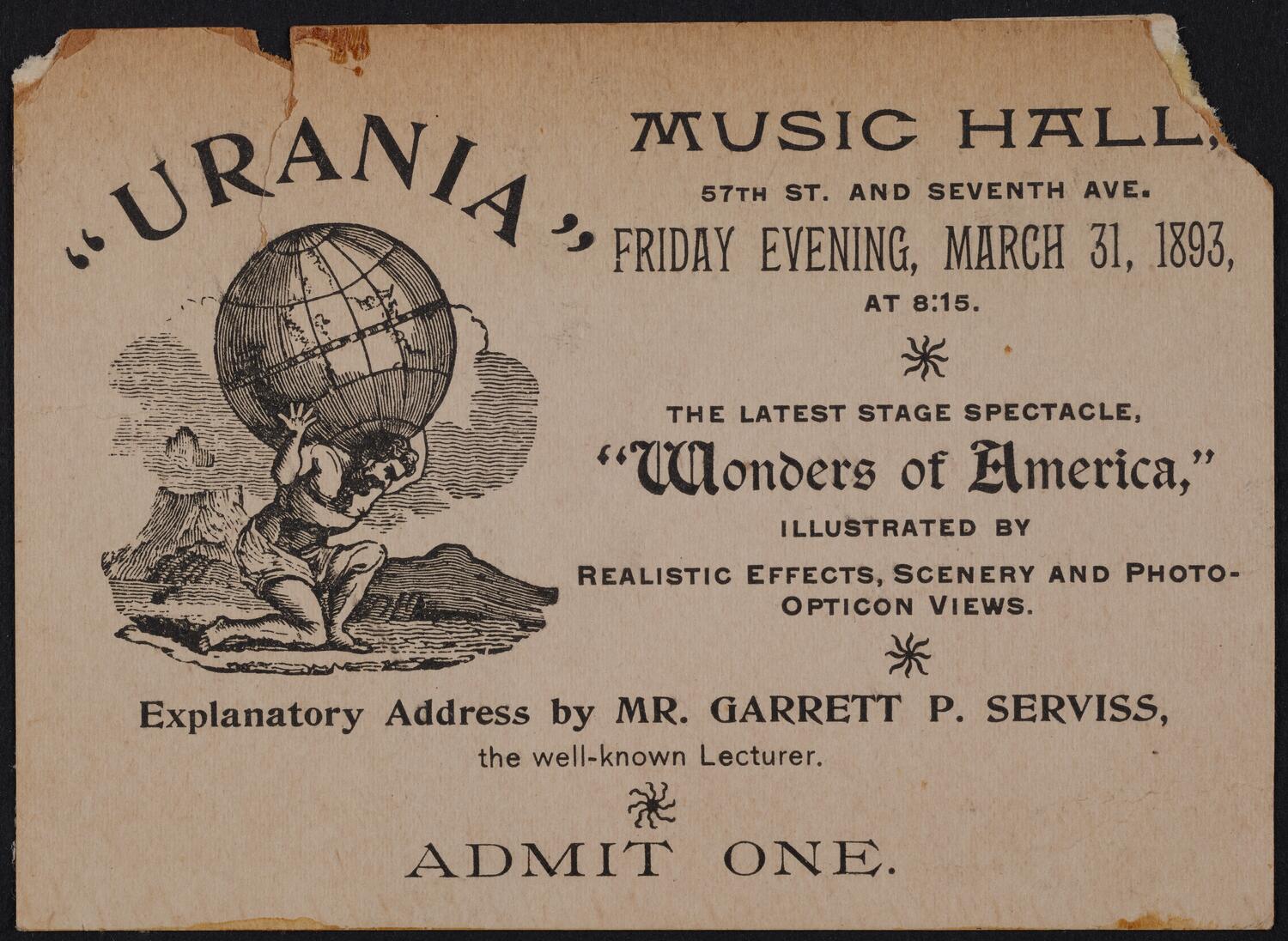 Ticket for Urania: Wonders of America, March 31, 1893 (front)