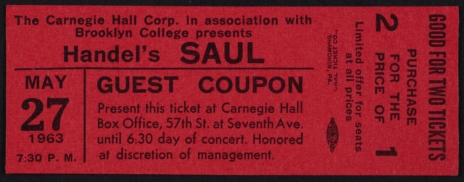 Ticket for Handel's Saul, May 27, 1963 (front)
