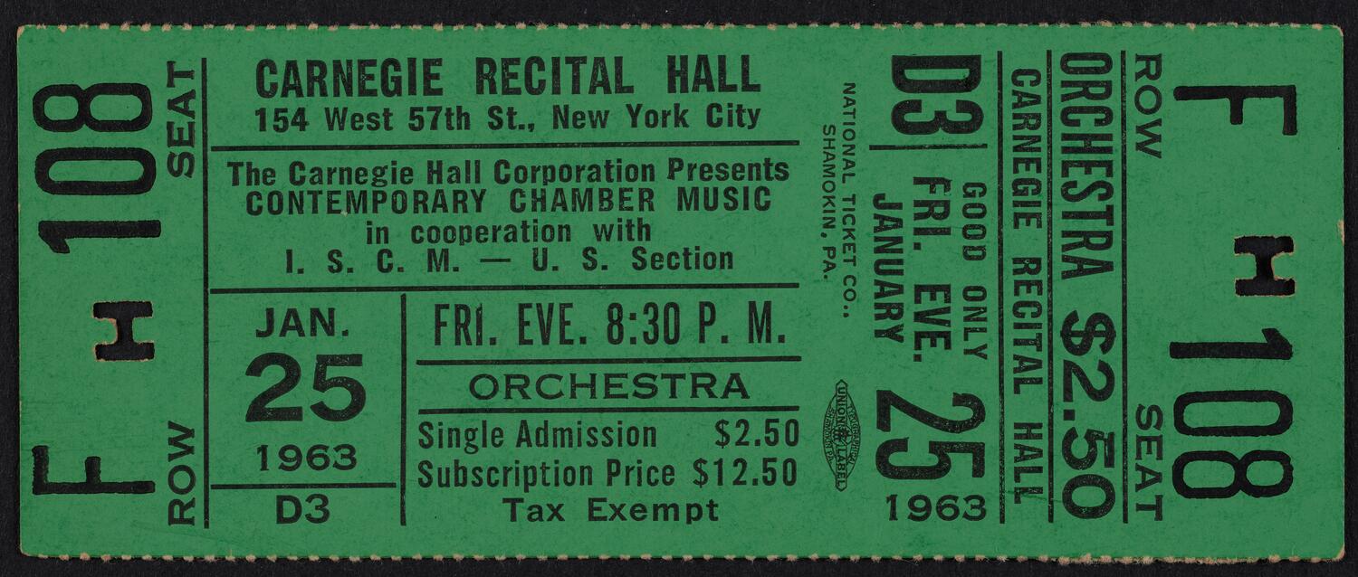 Ticket for Contemporary Chamber Music, January 25, 1963 (front)