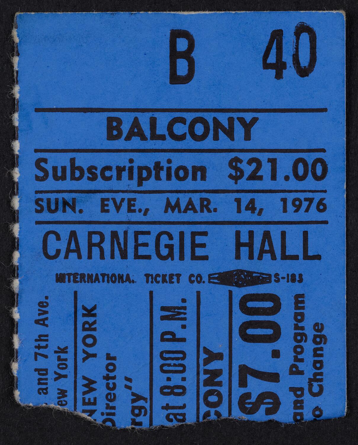 Ticket for Opera Orchestra of New York, March 14, 1976 (front)