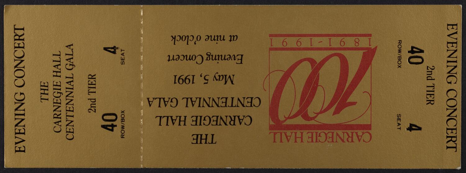 Ticket for the Carnegie Hall Centennial Gala, May 5, 1991 (front)