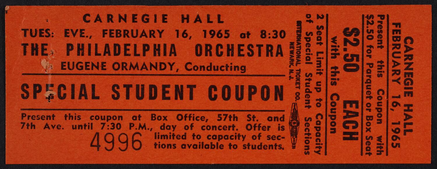 Ticket to the Philadelphia Orchestra, February 16, 1965 (front)