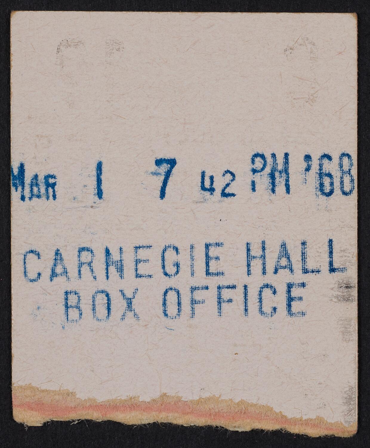 Ticket for Piccolo Teatro Musicale of the City of Rome, April 15, 1968 (back)