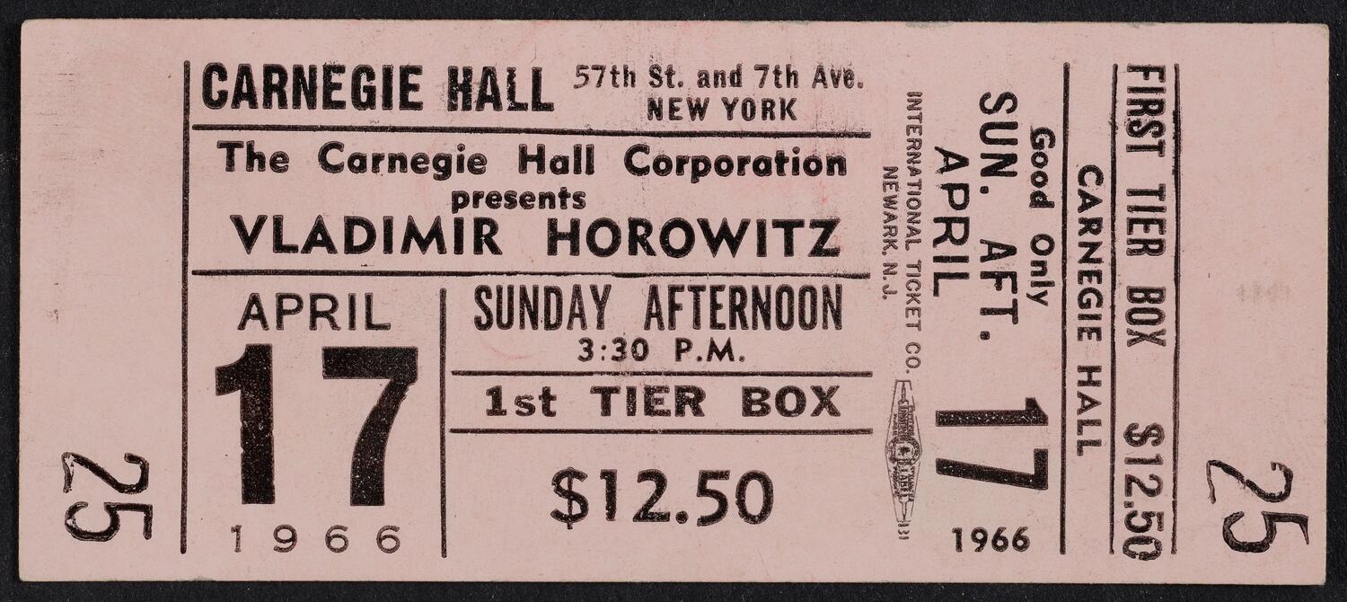 Ticket for Vladimir Horowitz, April 17, 1966 (front)