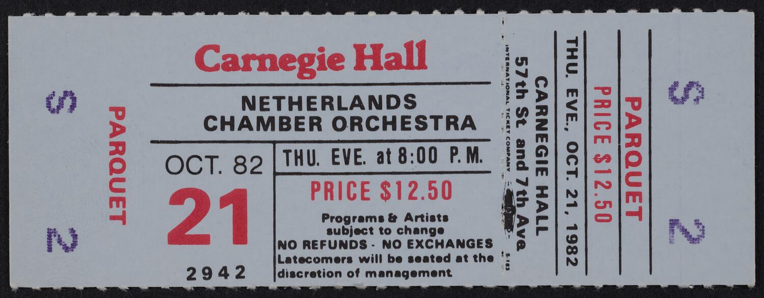 Ticket for Netherlands Chamber Orchestra, October 21, 1982 (front)