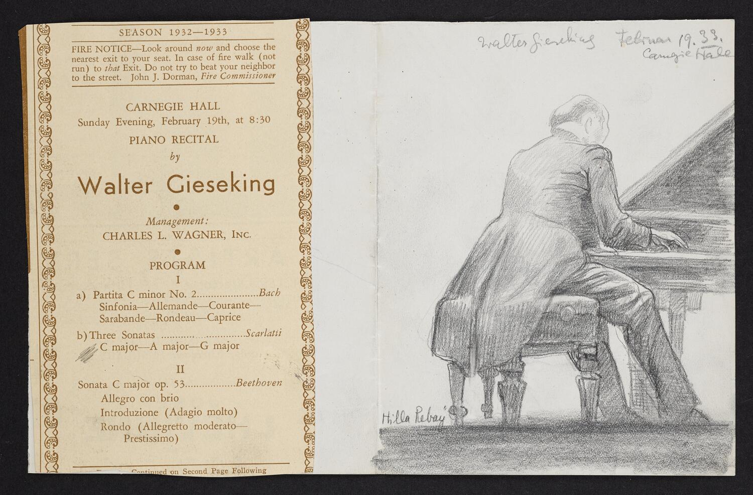 Sketch of Walter Gieseking playing piano with back to the viewer