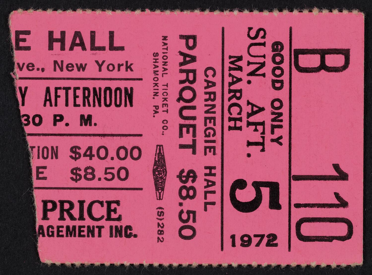 Ticket for Leontyne Price, March 5, 1972 (front)