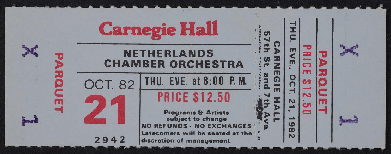 Ticket for Netherlands Chamber Orchestra, October 21, 1982 (front)