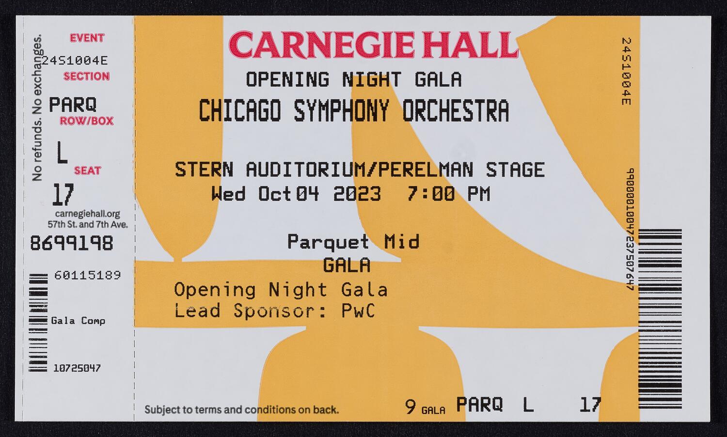 Ticket for Opening Night Gala: Chicago Symphony Orchestra, October 4, 2023 (front)