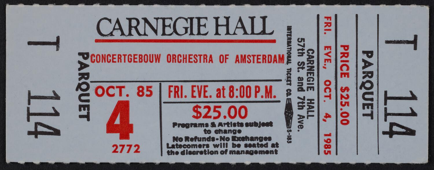 Ticket for Concertgebouw Orchestra of Amsterdam, October 4, 1985 (front)