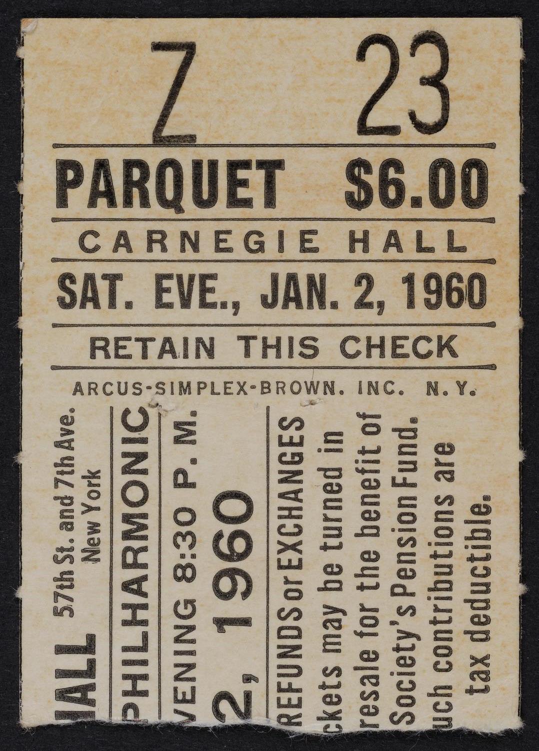 Ticket for New York Philharmonic, January 2, 1960 (front)