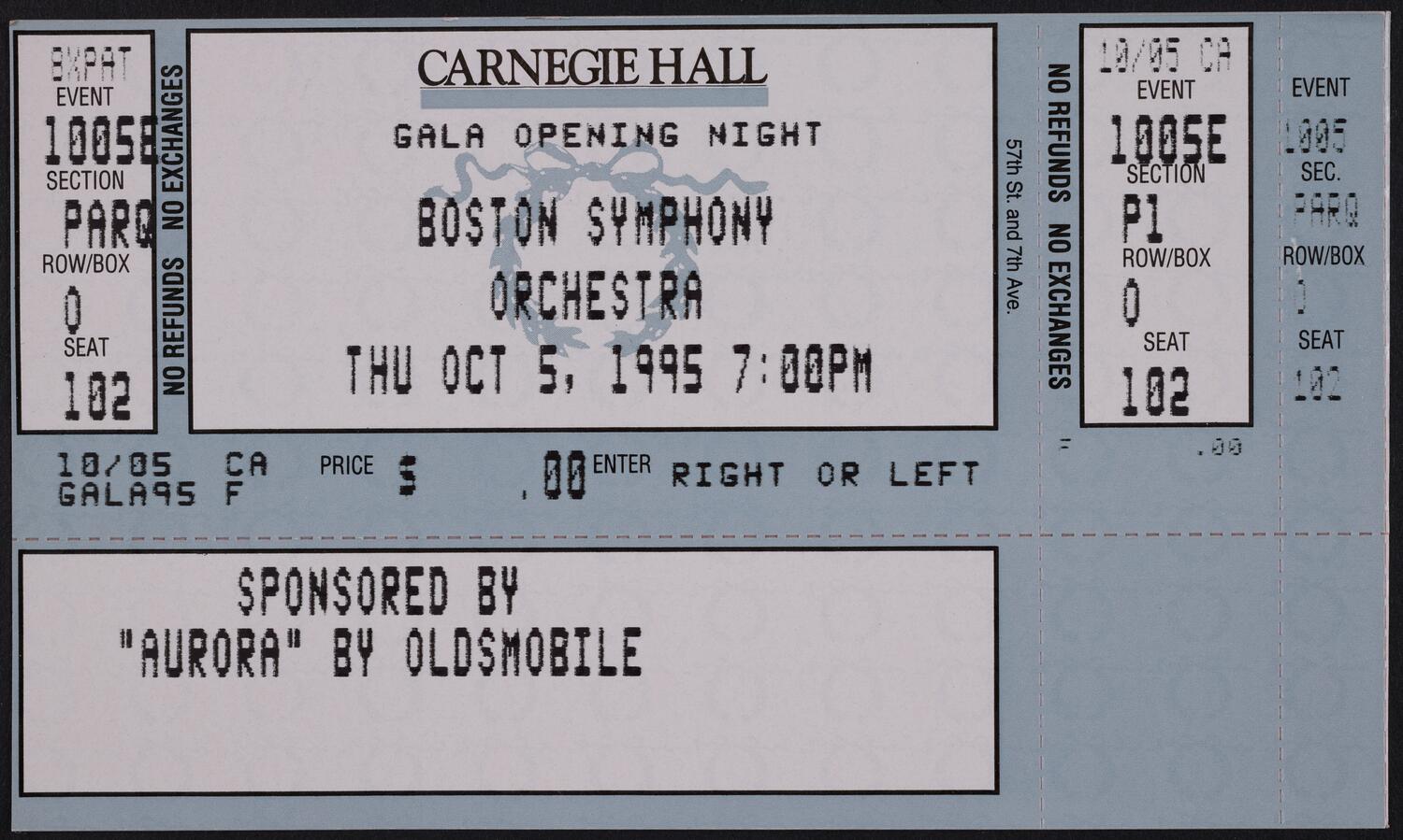 Ticket for Gala Opening Night: Boston Symphony Orchestra, October 5, 1995 (front)