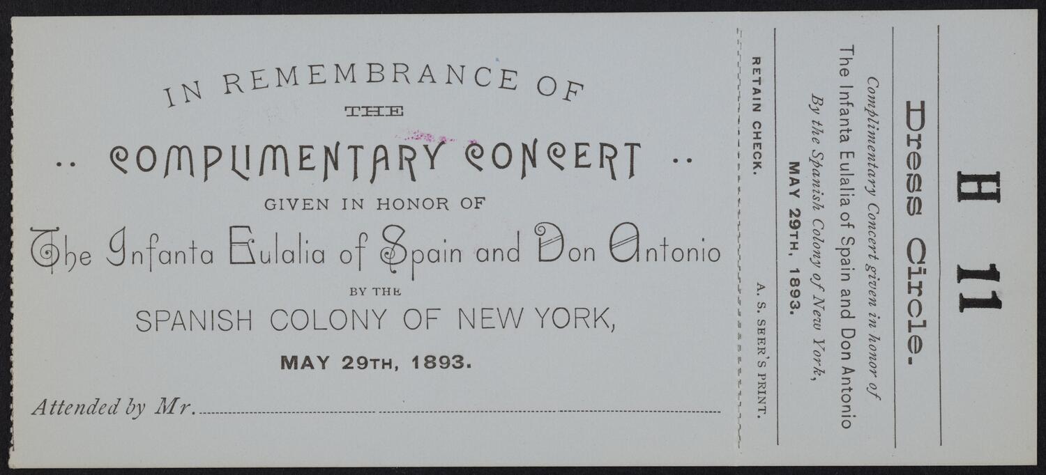 Ticket for Concert in Honor of the Infanta Eulalia of Spain and Don Antonio, May 29, 1893 (front)