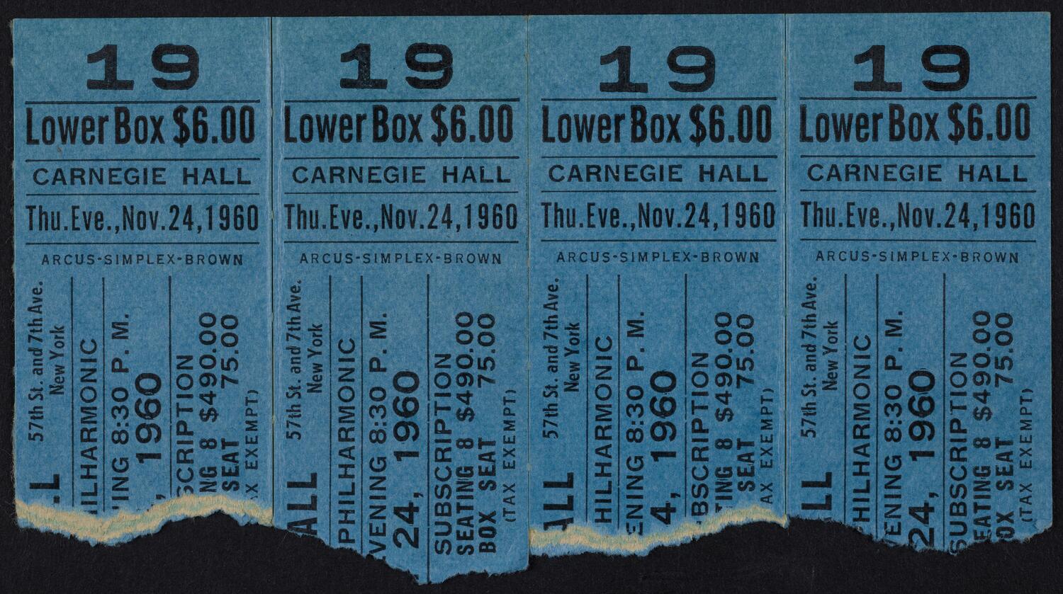 Tickets for New York Philharmonic, November 24, 1960 (front)