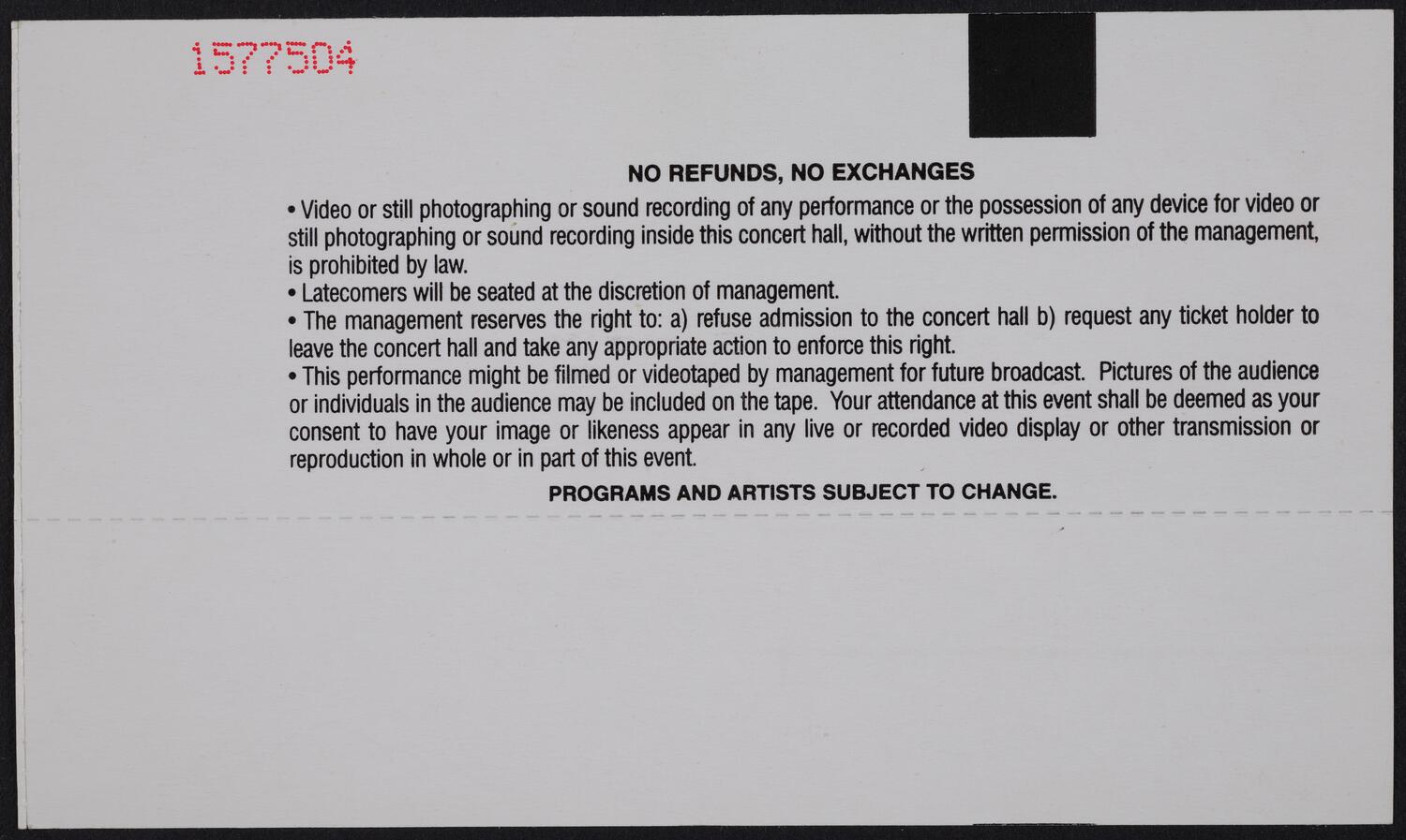 Ticket for Carnegie Hall's 109th Gala Opening Night: Vienna Philharmonic, September 29, 1999 (back)