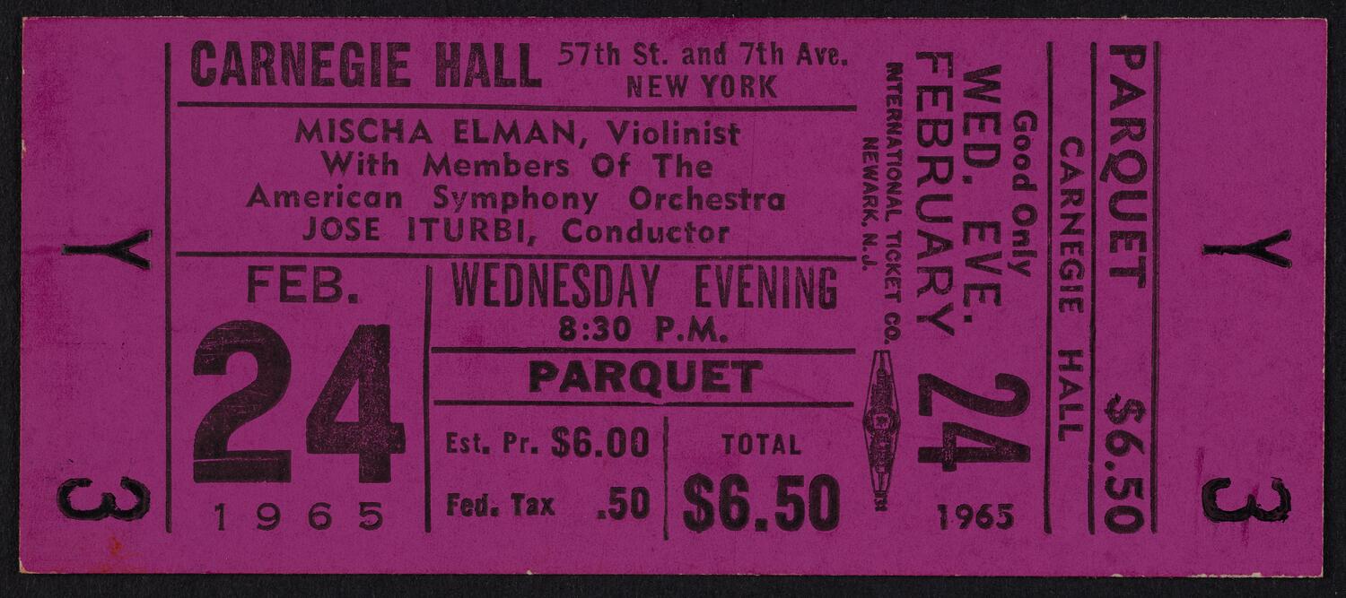 Ticket for Mischa Elman with members of the American Symphony Orchestra, February 24, 1965 (front)