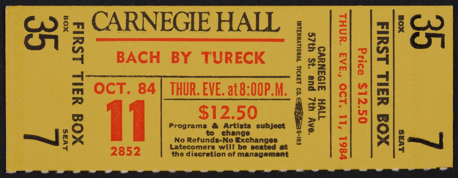 Ticket for Bach by Rosalyn Tureck, October 11, 1984 (front)