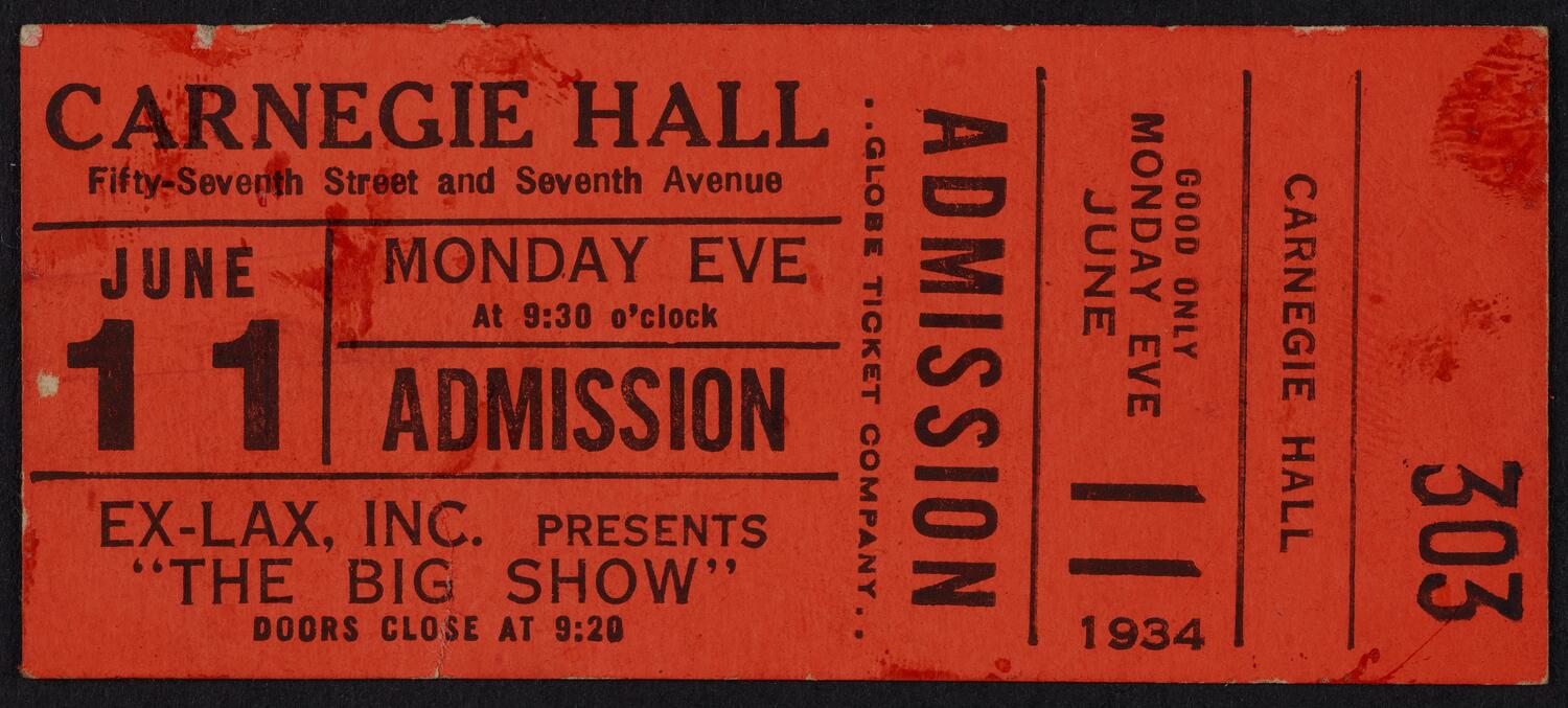 Ticket for Ex-Lax, Inc. Presents "The Big Show," June 11, 1934 (front)