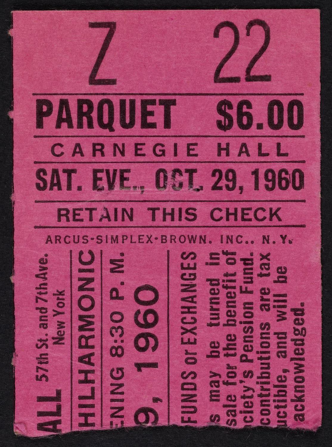 Ticket for New York Philharmonic, October 29, 1960 (front)