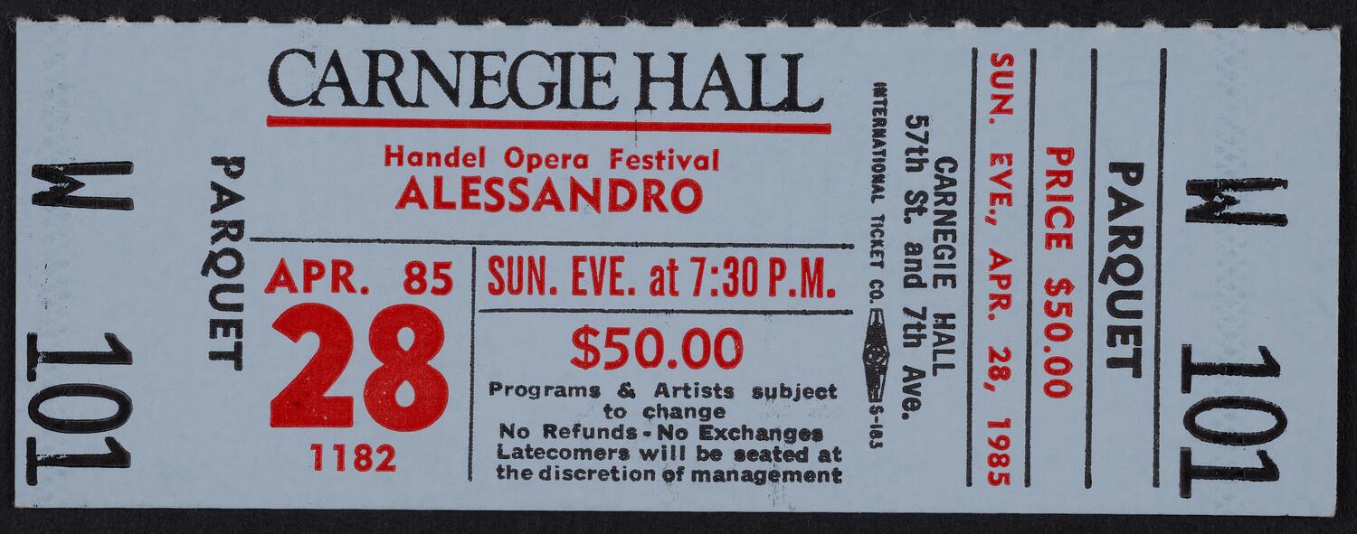 Ticket for Handel Opera Festival: Alessandro, April 28, 1985 (front)