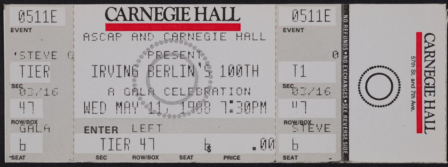 Ticket for Irving Berlin's 100th: A Gala Celebration, May 11, 1988 (front)