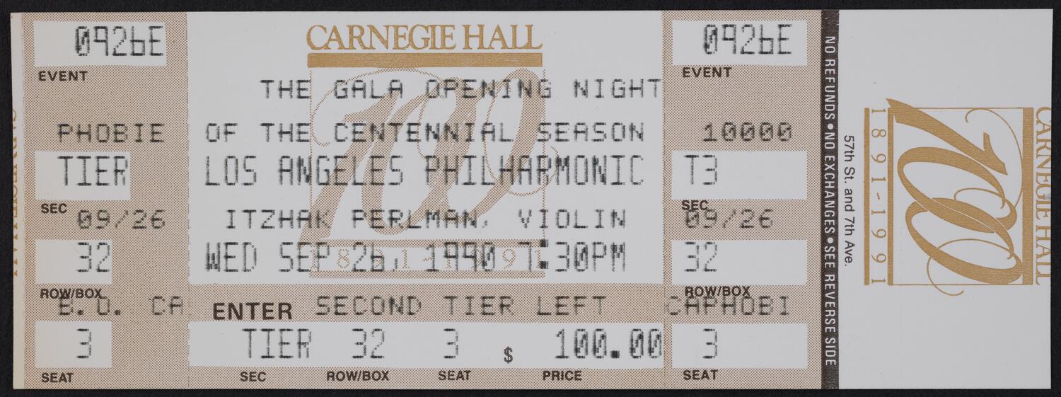 Ticket for the Gala Opening Night of the Centennial Season: Los Angeles Philharmonic, September 26, 1990 (front)