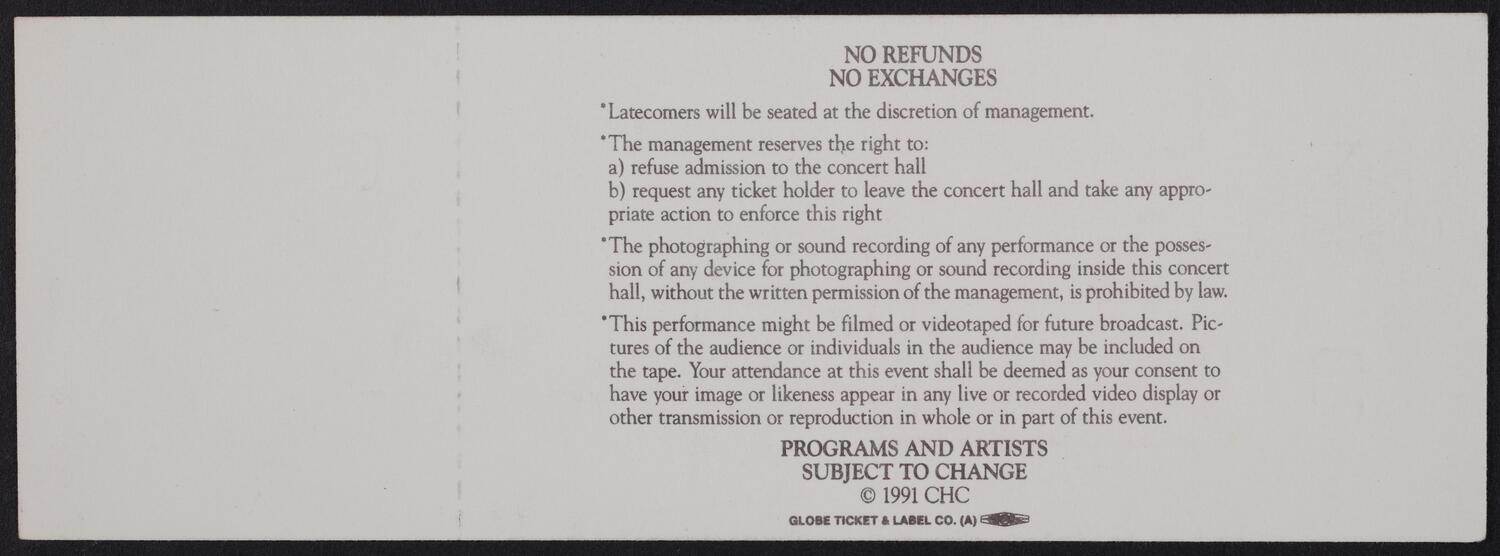Ticket for the Carnegie Hall Centennial Gala, May 5, 1991 (back)