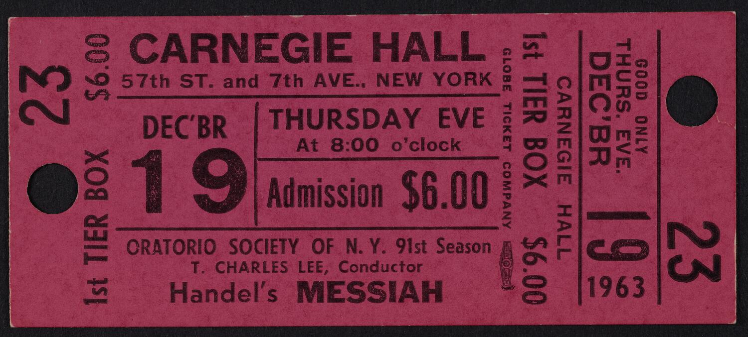 Ticket for Oratorio Society of New York: Handel's Messiah, December 19, 1963 (front)