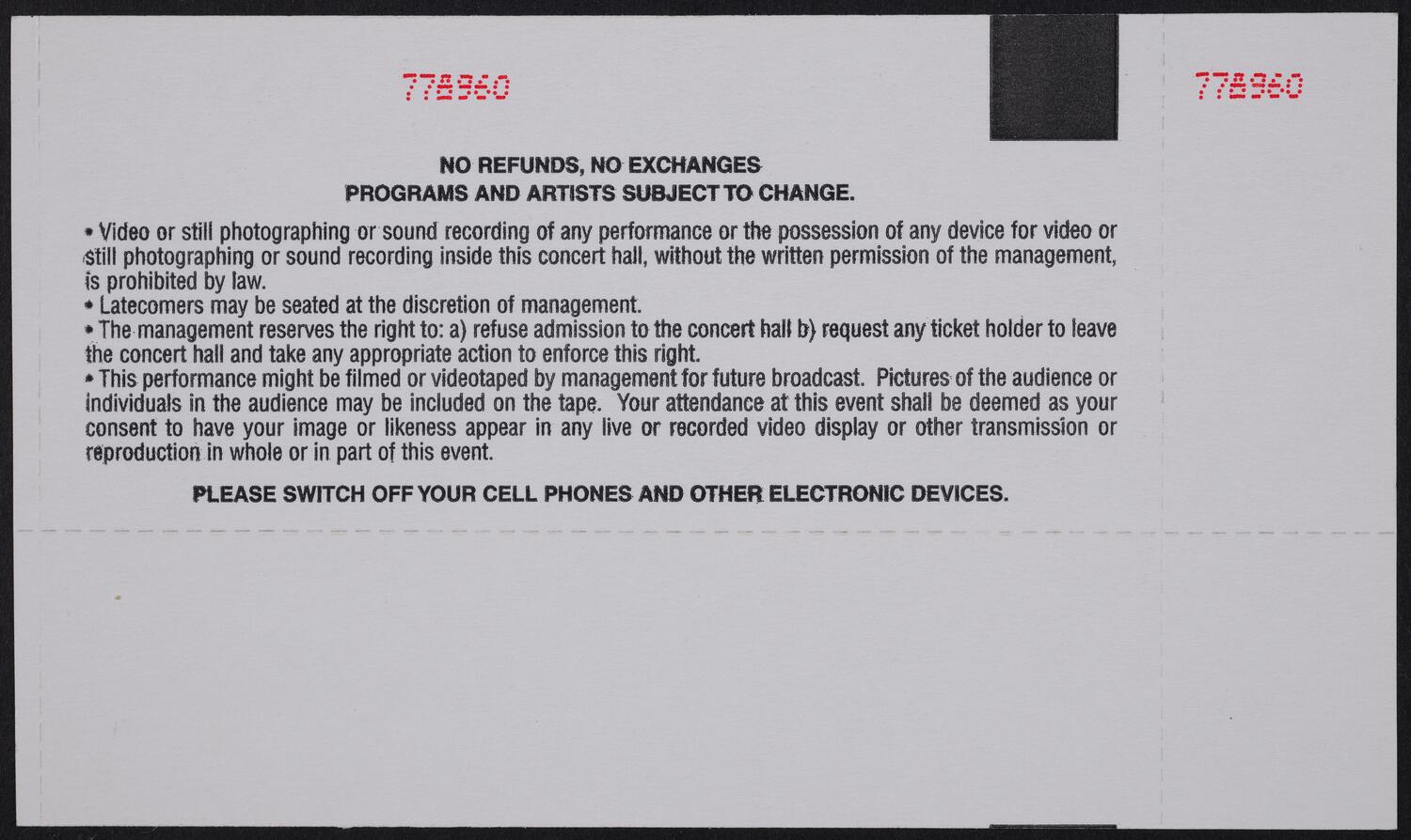 Ticket for Carnegie Hall's 112th Opening Night: Chicago Symphony Orchestra, October 2, 2002 (back)