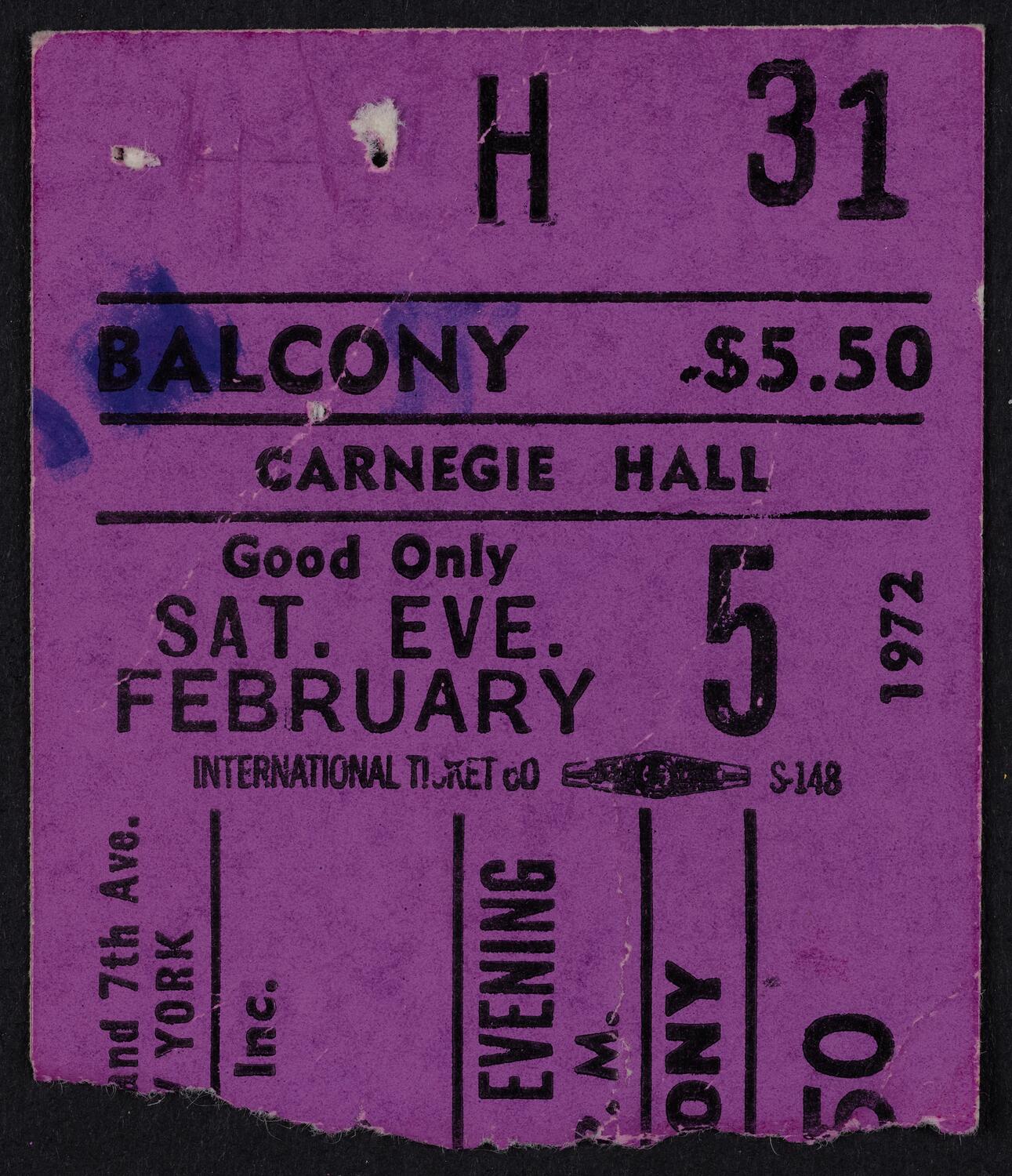 Ticket for Jim Bailey, February 5, 1972 (front)