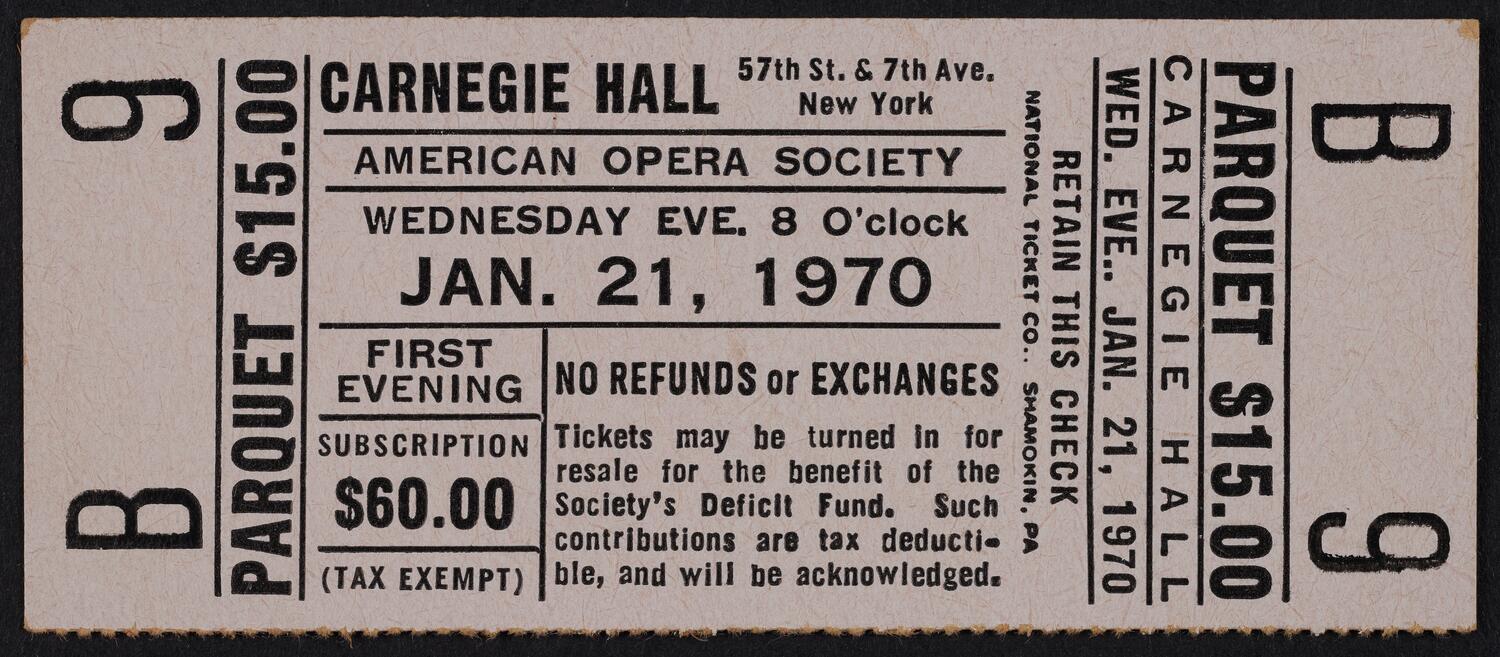 Ticket for American Opera Society, January 21, 1970 (front)