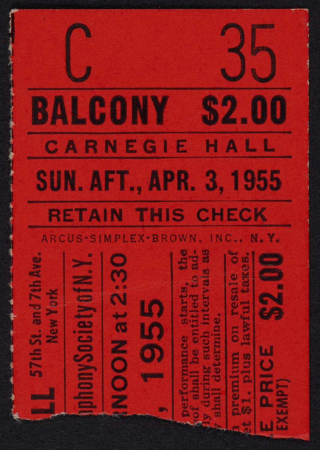 Ticket for Philharmonic-Symphony Society of New York, April 3, 1955 (front)